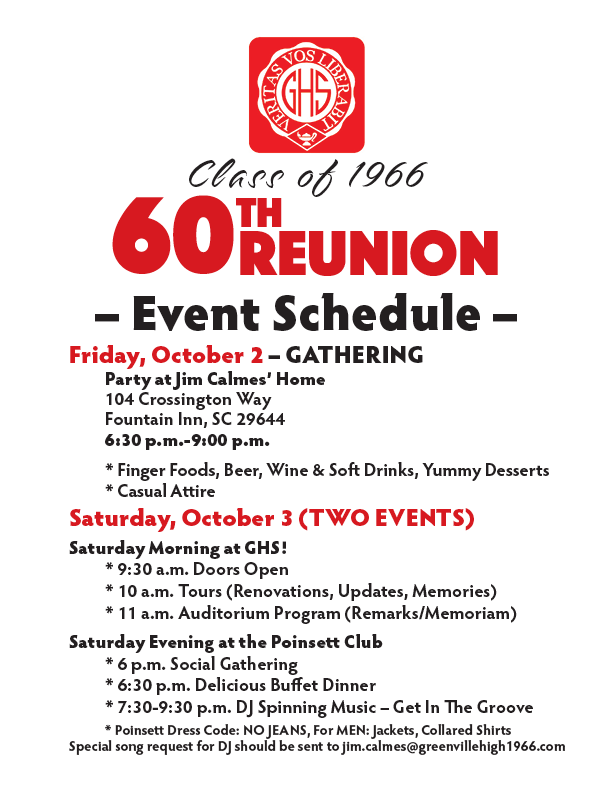 GHS66 60th Reunion Schedule